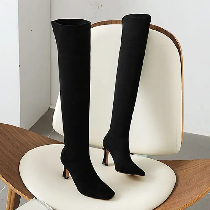 

Taoffen Stretch Women Over Knee Boots Flock High Heel Square Toe Shoes Slip On Warm Boots Fashion Women Footwear Size 34-43