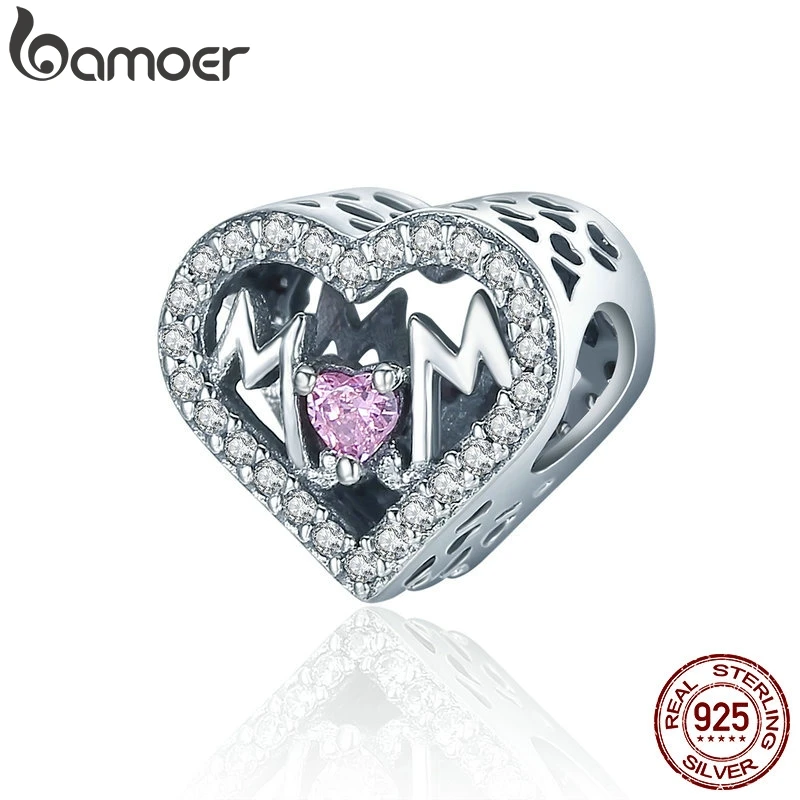 BAMOER, Настоящее серебро 925 пробы, сердце, мама, письмо, прозрачный CZ Шарм, подходит для браслета, сделай сам, ювелирное изделие, подарок матери SCC395