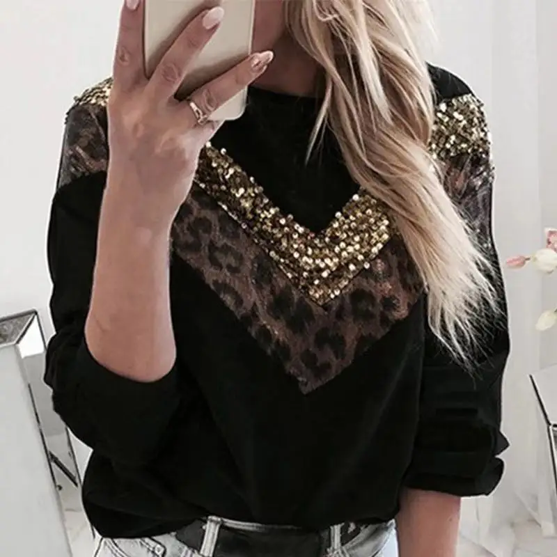 

Autumn Winter Women Sequined Leopard Stitching Sweatshirt Long Sleeve O-Neck Fashion Streetwear Casual Loose Pullover