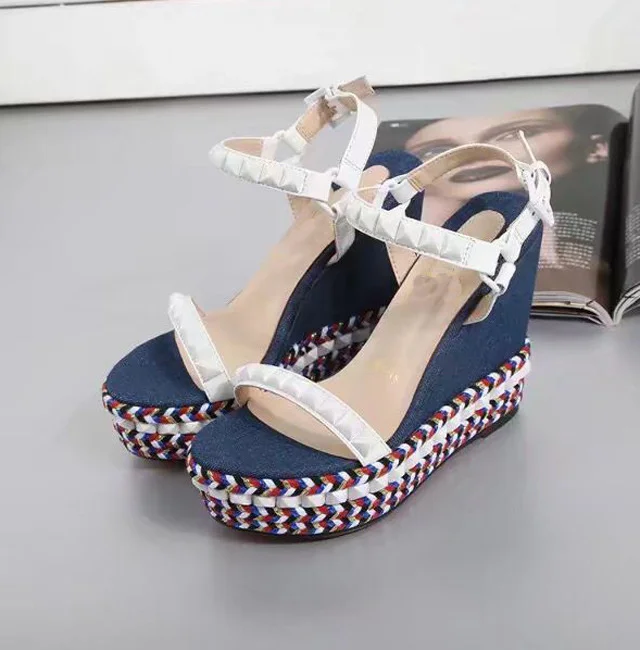 

new top leather fancy color rivet thick sole slope heel women's shoes full leather round head fashion sandals