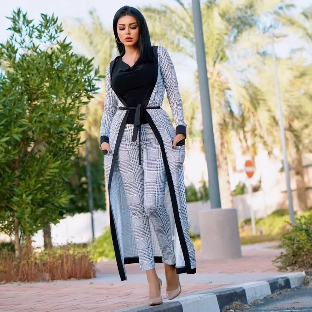 

2 Piece Set Women Autumn Suit Long Printed Sashes Robe+Trousers Casual Two Piece Suit