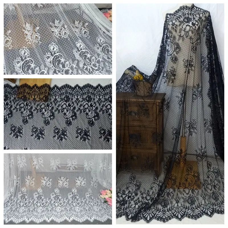 

3m/Piece Width150cm Black Beautiful Flowers Jacquard Thickening Eyelash Lace Fabric Wedding Dress Textile Lace Fabric V2410