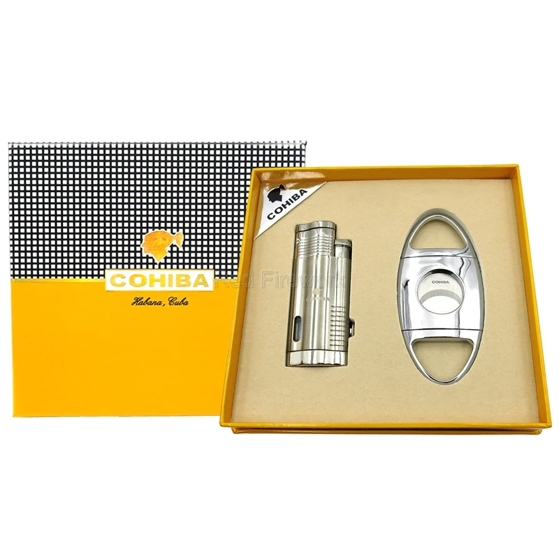 COHIBA серебристая металлическая ветрозащитная Зажигалка для сигар 3 фонарь пламя