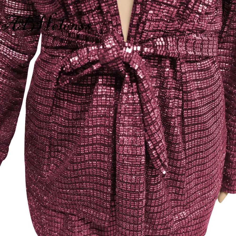 

A&BHelenss Sexy Sparking Two Piece Set With Belt Turn Down Collar Long Sleeve Shorts Set Shining Autumn Winter Night Club Outfit