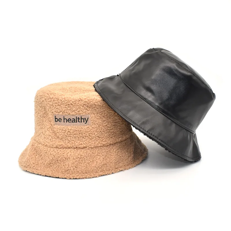 

2020 New Reversible Leather Fisherman Hat Faux Fur Winter Hats for Women Men Bob Bucket Hat Warm Plush Lambswool Fishing Cap