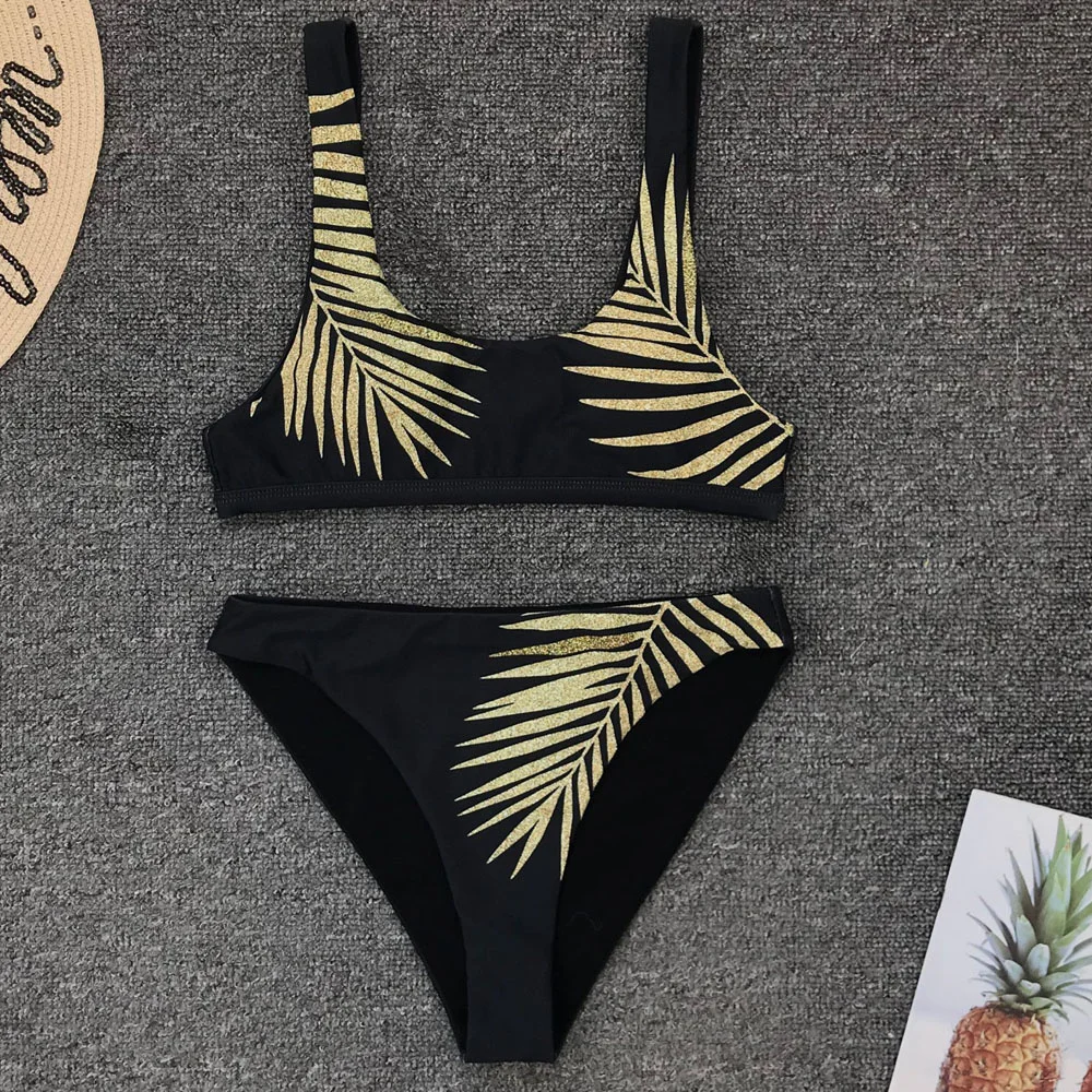 

High Sexy Leaves Printed Swimsuit Waist Bikini Women Swimwear Sport Bikini set New Bather Flower Bathing Suit Swim