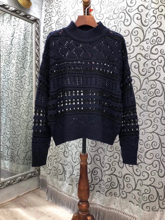 

2020 autumn and winter new women's round neck solid color hollow knit sweater long sleeve loose knit sweater 1201