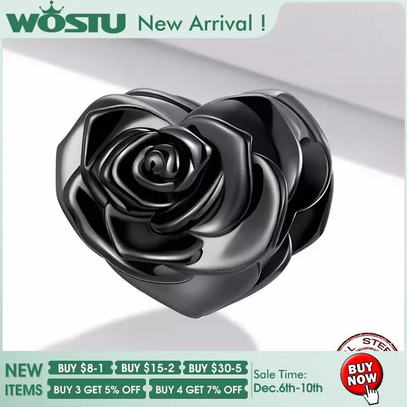 

WOSTU 925 Sterling Silver Black Gold Rose Flower Heart Beads Fit Original Bracelet DIY Bangle Valentine Jewelry Gift For Women