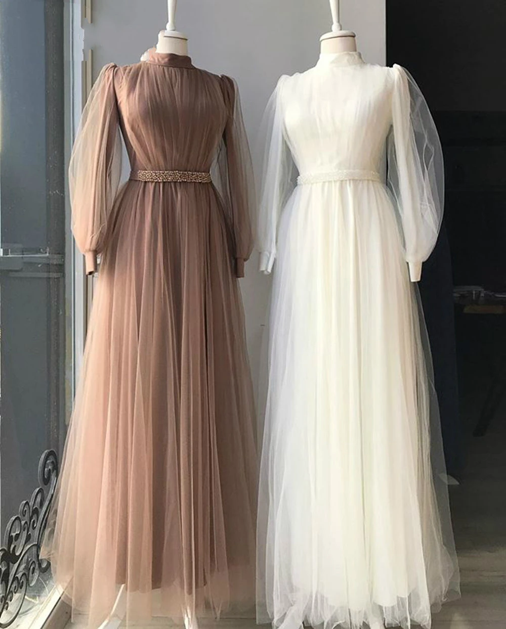 

Long Sleeve Elegant High Neck A-line Evening Dress Muslim Style Lebanon Dubai Women Champagne Formal Gowns