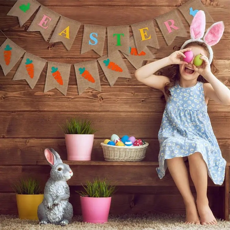 

1 Set Easter Burlap Banner Rabbit Carrot Print Bunting Pull Flag Party DIY Decor