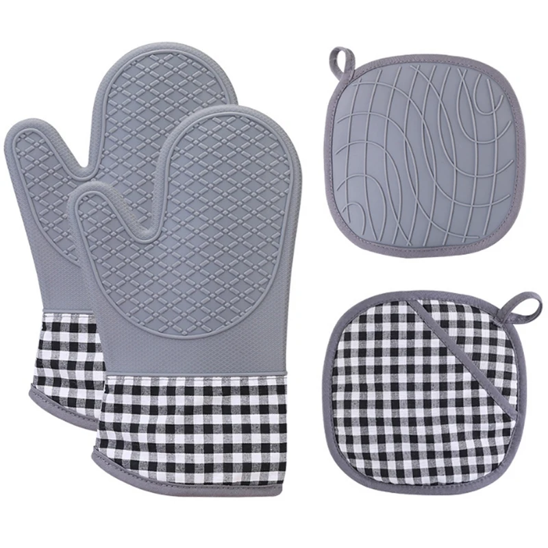 

New Silicone and Cotton Gloves Thick Silicone Insulation Pad Set Lattice Pattern Kitchen Oven Baking Gloves