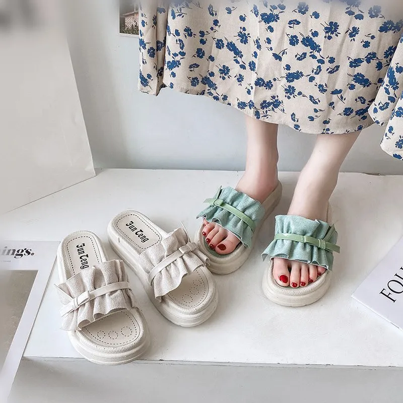 

Flat Shoes Female Slippers Soft Luxury Slides Summer Clogs Woman Butterfly-Knot Low Pantofle Platform Comfort Designer Beach