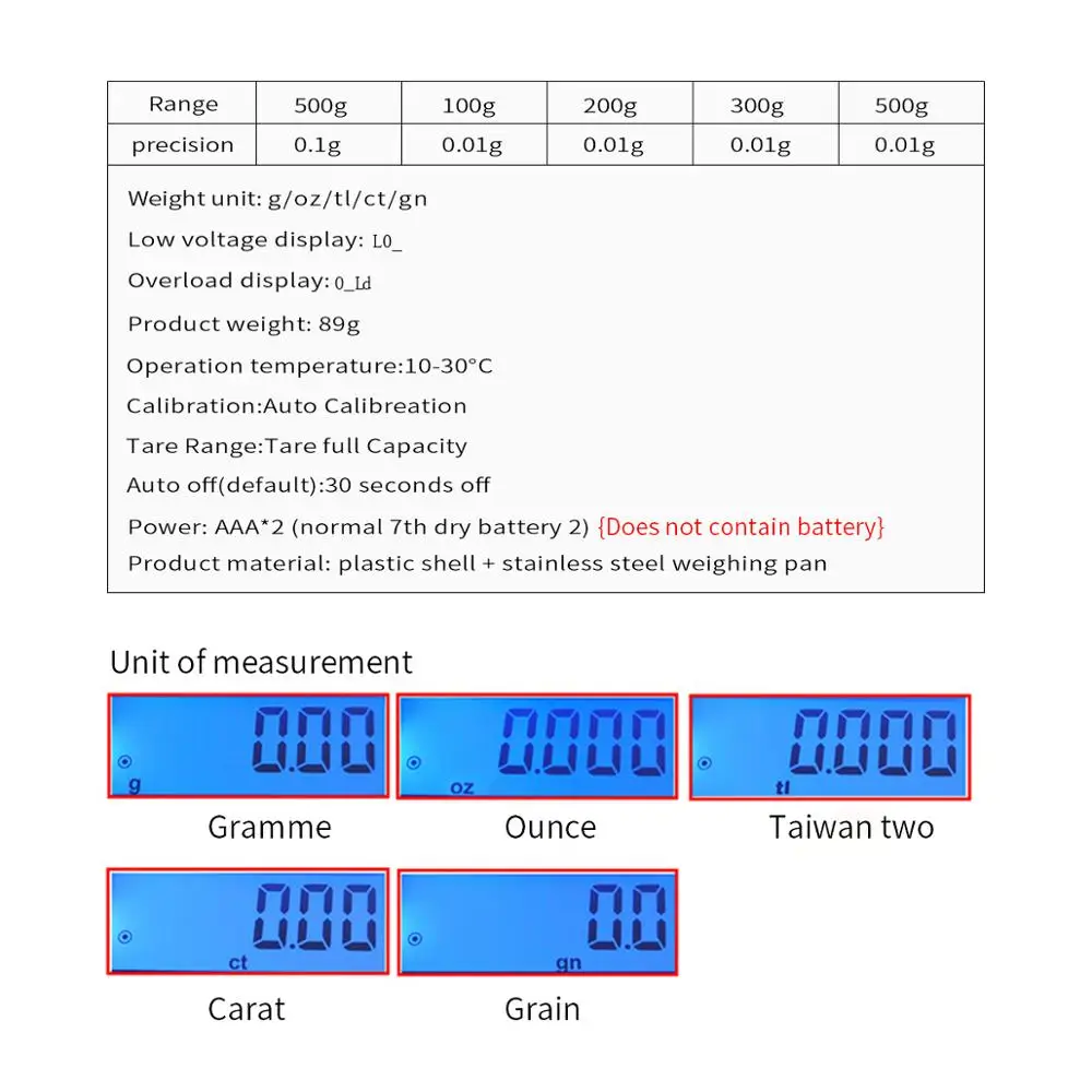 Мини цифровые весы 100/200/300/500g 0 01/0 1 г Высокая точность Подсветка Электрический