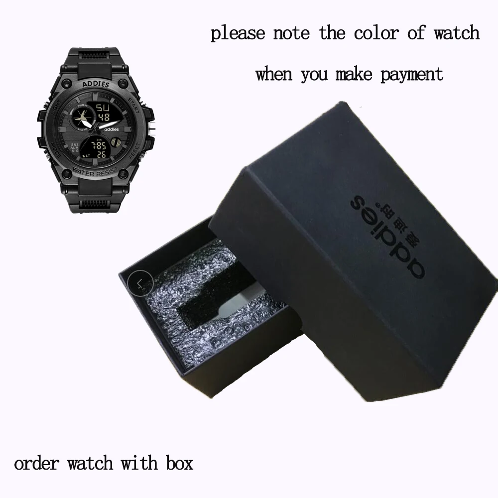 BLACK-WITH BOX Addies спортивные часы последние мужские спортивные часы 3 бар водонепроницаемые часы задний светильник Полный календарь электронные часы на резиновом ремешке для мужчин - Цвет: BLACK-WITH BOX