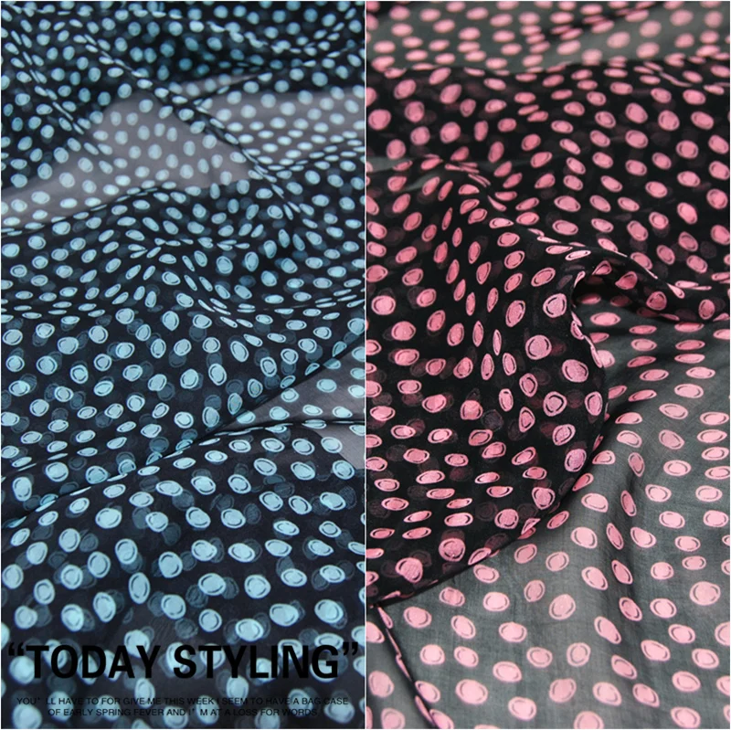 

LEO&LIN Blue Red Dotted Black Large Wide Real Silk Chiffon 100% Silk Clothing Cloth Fabric DIY patchwork