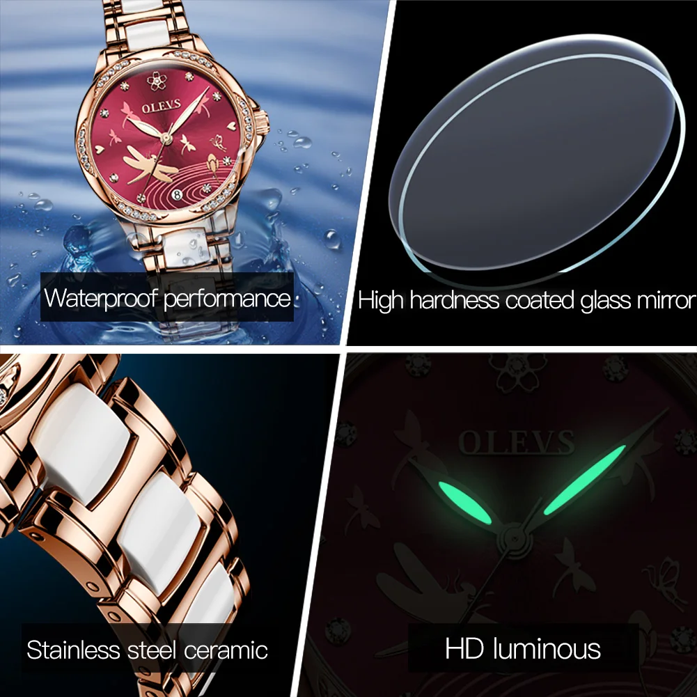 OLEVS New Brand Women Watches Ladies Brand Luxury Rhinestone Ceramic Strap Mechanical Watch Women Waterproof Watch Montre Femme enlarge