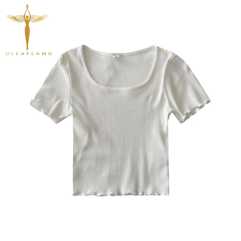 

Casual Ribbed Knitwear Crop Top Women's Clothing Korean Slim Wild Tee-Shirts Pullover Harajuku Ruffle Splice Sleeve T-Top Simple