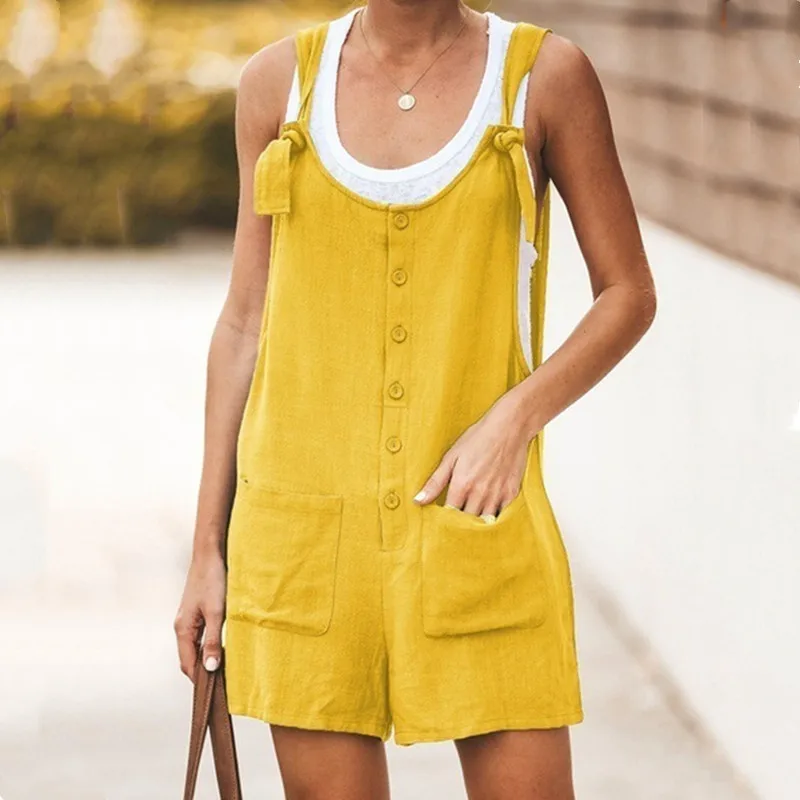 

Women Rompers Summer Casual Loose Sleeveless Jumpsuit Solid Button Pocket Suspenders Bib Short Pants Wide Leg Playsuits Overalls