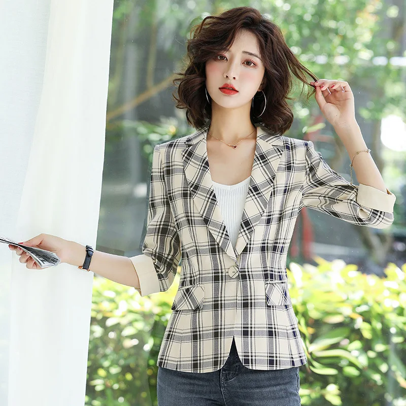 Женский винтажный блейзер в клетку с одной пуговицей осенние куртки карманами