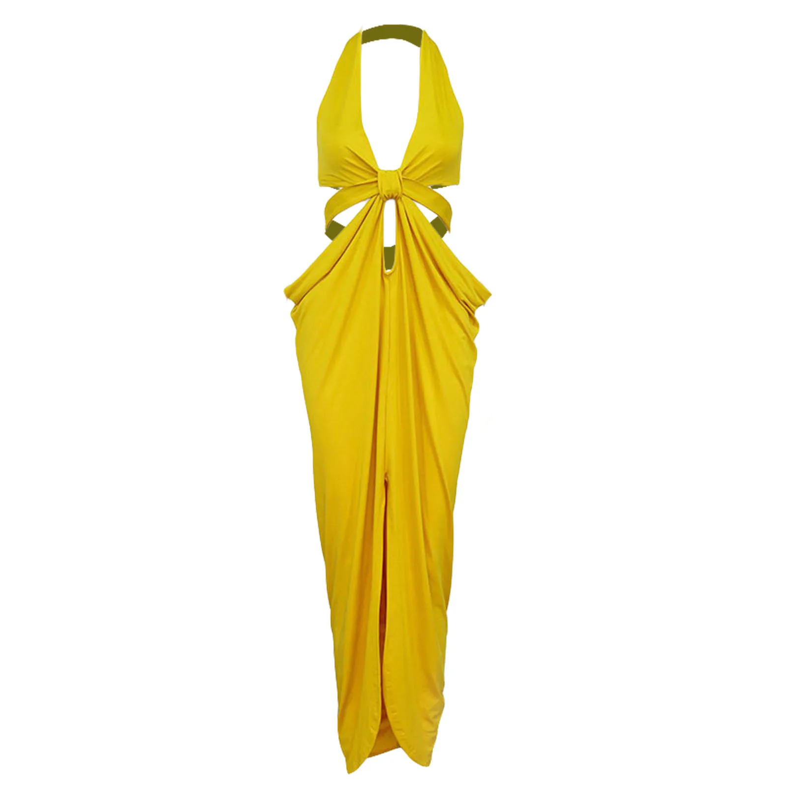 

Women Sexy Halter Dress, Adults Backless Hollow Out Solid Color V-neck Slit One-piece