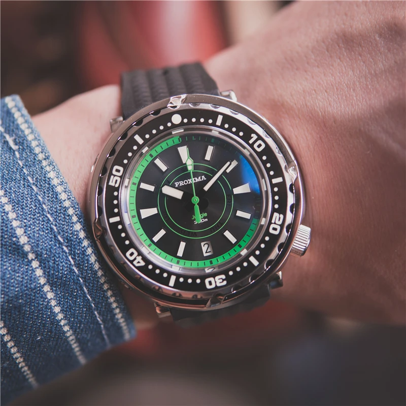 Relógio de Mergulho Relógio de Pulso Proxima Tuna Luminoso Homem Automático Mecânico Cerâmica Bisel Nh36 300m Masculino Dia-data Janela c3