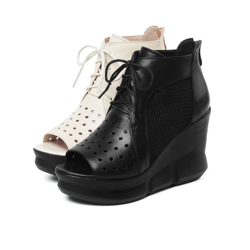 

EGONERY 2020 Summer Super Heel Shoes Woman Open Toe Lace Up Wedges Platform Sandals Ladies Leather Casual Party Shoes