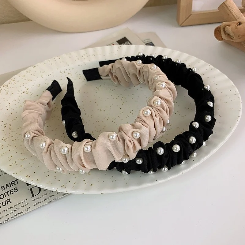 Женская повязка для волос с искусственным жемчугом черная или бежевая неровными