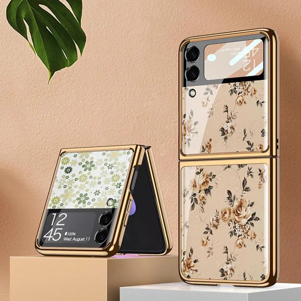 

Чехол-книжка для Samsung Galaxy Z Flip 3, стеклянный чехол для телефона с цветочным рисунком, круглый защитный чехол для Galaxy Z Flip3
