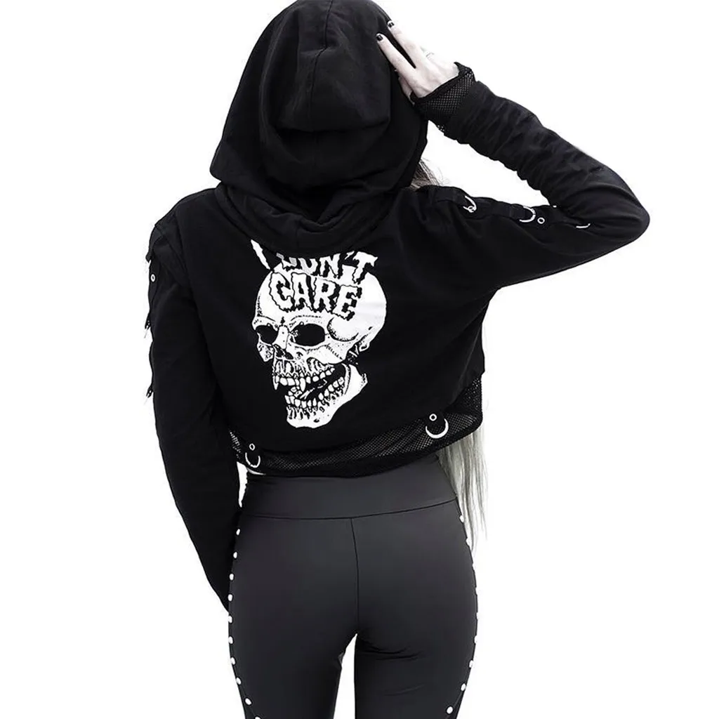 Women Sweatshirts Cropped Hoodies Gothic Skull Printed Black Loose Short Mesh Patchwork Female Streetwear Hooded #L10 | Женская одежда