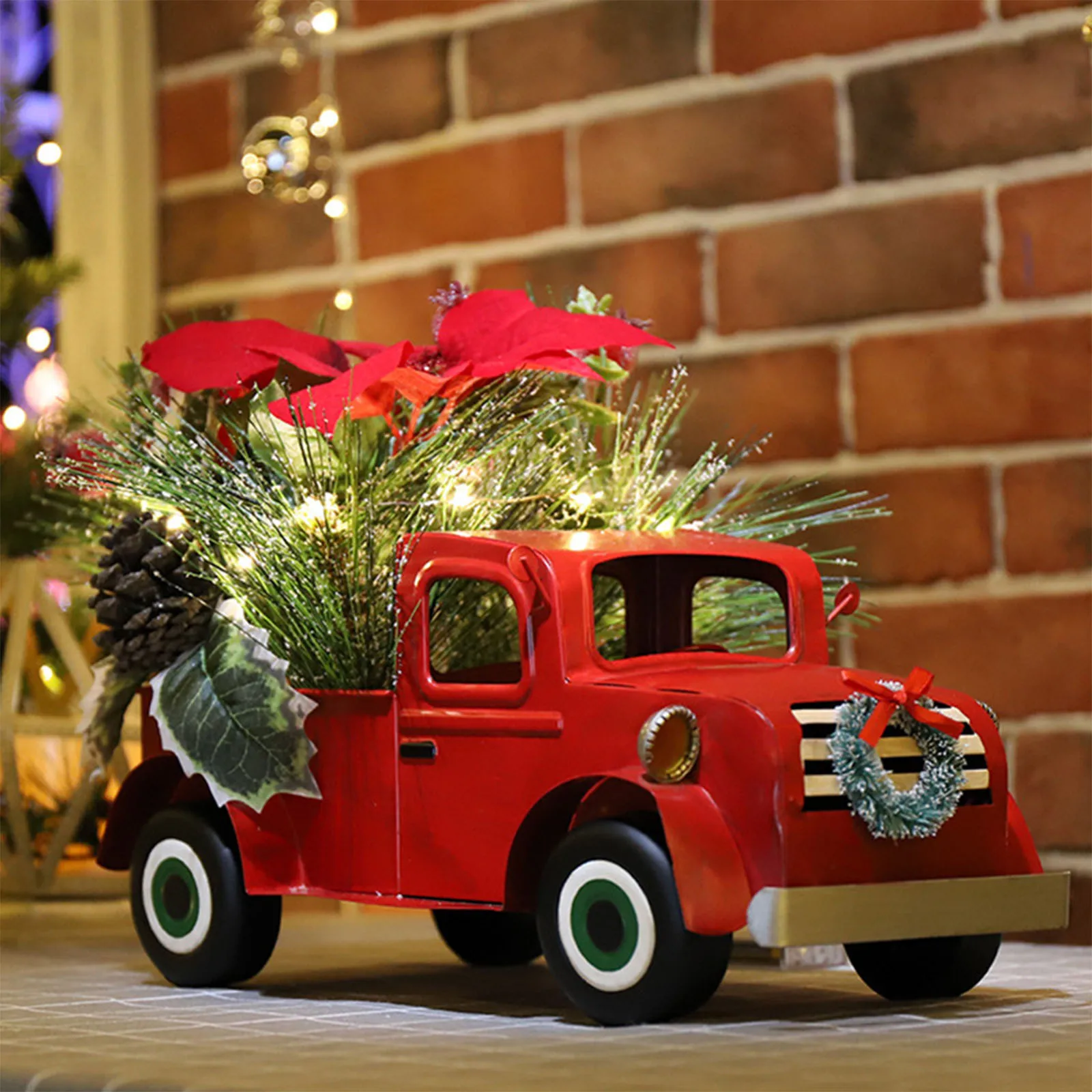 

Pine Cones Christmas Car With Lights Truck Decor Gifts Iron Electronic Gift Manual 6.75 Inches Red Hot Simulation Flower PVC