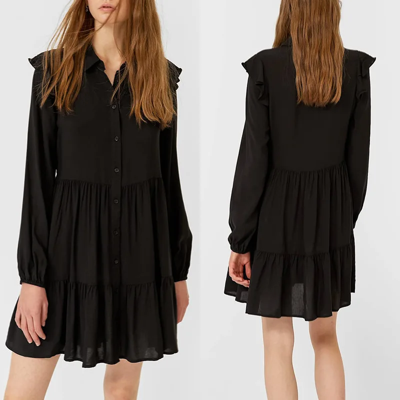 

Black Long Sleeve Dress Women Button Down Ruffle Decor Casual Loose Dress Female Turn Down Collar High Waist Office Daily Dress