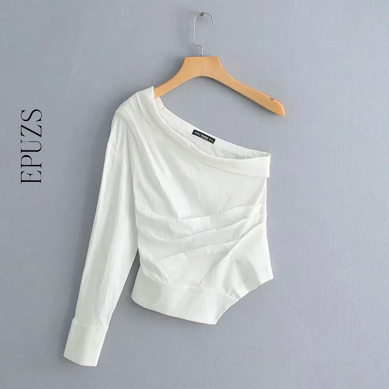Женский винтажный топ с одним открытым плечом белая плиссированная блузка