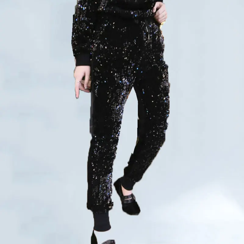 

Зимние женские брюки, новые европейские брюки, женские модные бархатные шаровары с золотыми блестками и эластичным поясом для женщин, женск...