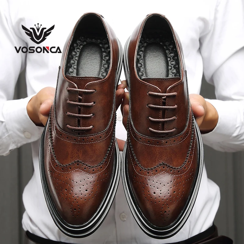 Vosonca 2019 New Men Shoes Lace-Up Fashion High Quality Brogue Leather Casual Flats | Обувь