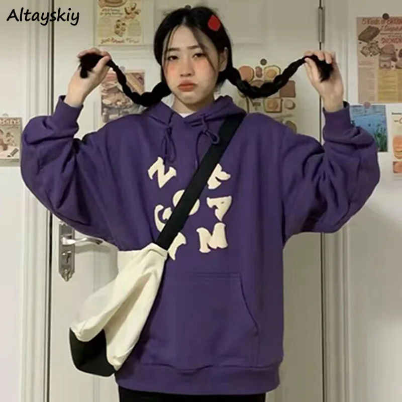 Hoodies Women Letter Oversize Plus Velvet Thicker Harajuku Teens Fashion New Ulzzang Streetwear Front Pocket Hooded Tops Chic | Женская