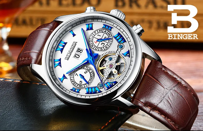 Швейцарские Бингер мужские часы люксовый бренд Tourbillon сапфир светящиеся несколько функций механические наручные часы B8602-7