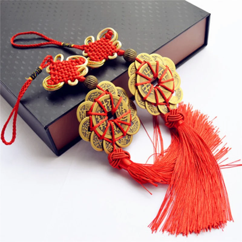 

Hand-knit Chinese Knot Lucky Ancient Coins Protection Prosperity Lucky Figurines Feng Shui Copper Coins For Home Car Decor