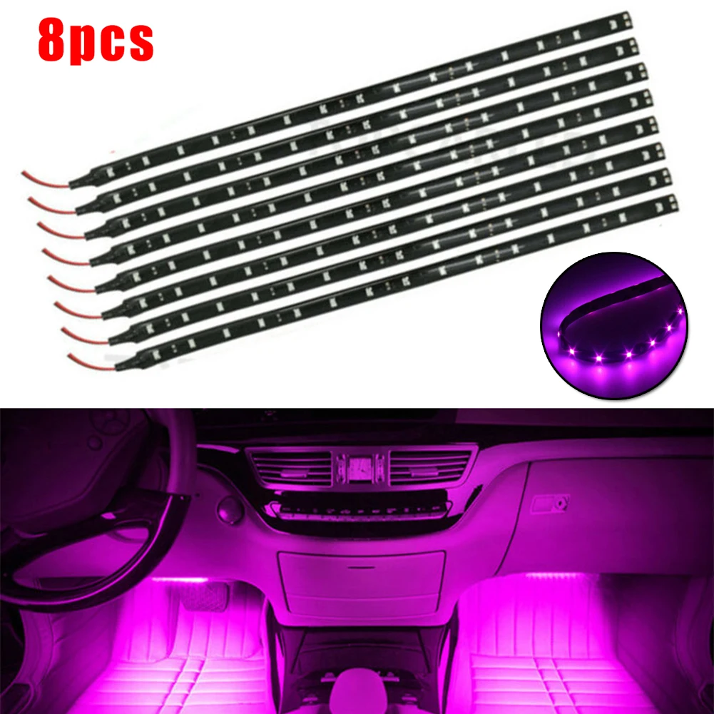 

12V Light Strip 8pc 15LED 30cm Car Flexible Waterproof Purple Super Bright