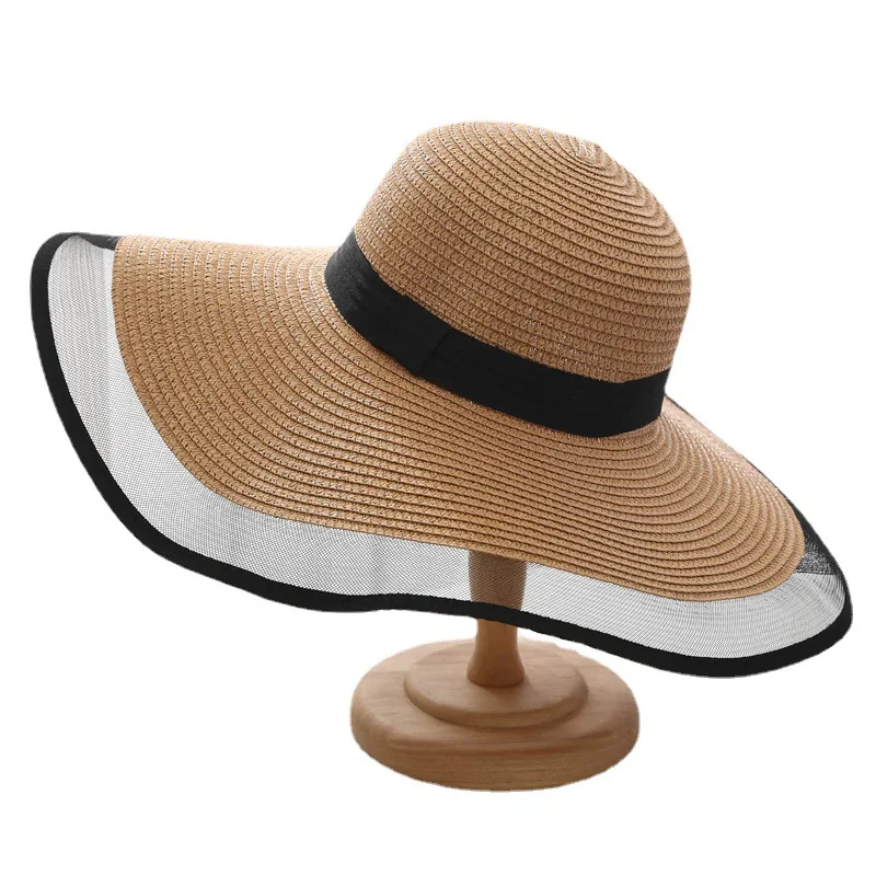 

Summer Solid Color Net Yarn Straw Hat Women Wide Brim Simple Foldable Sunhat Beach Sunscreen Anti-UV Sun Shade Hats Panama Caps