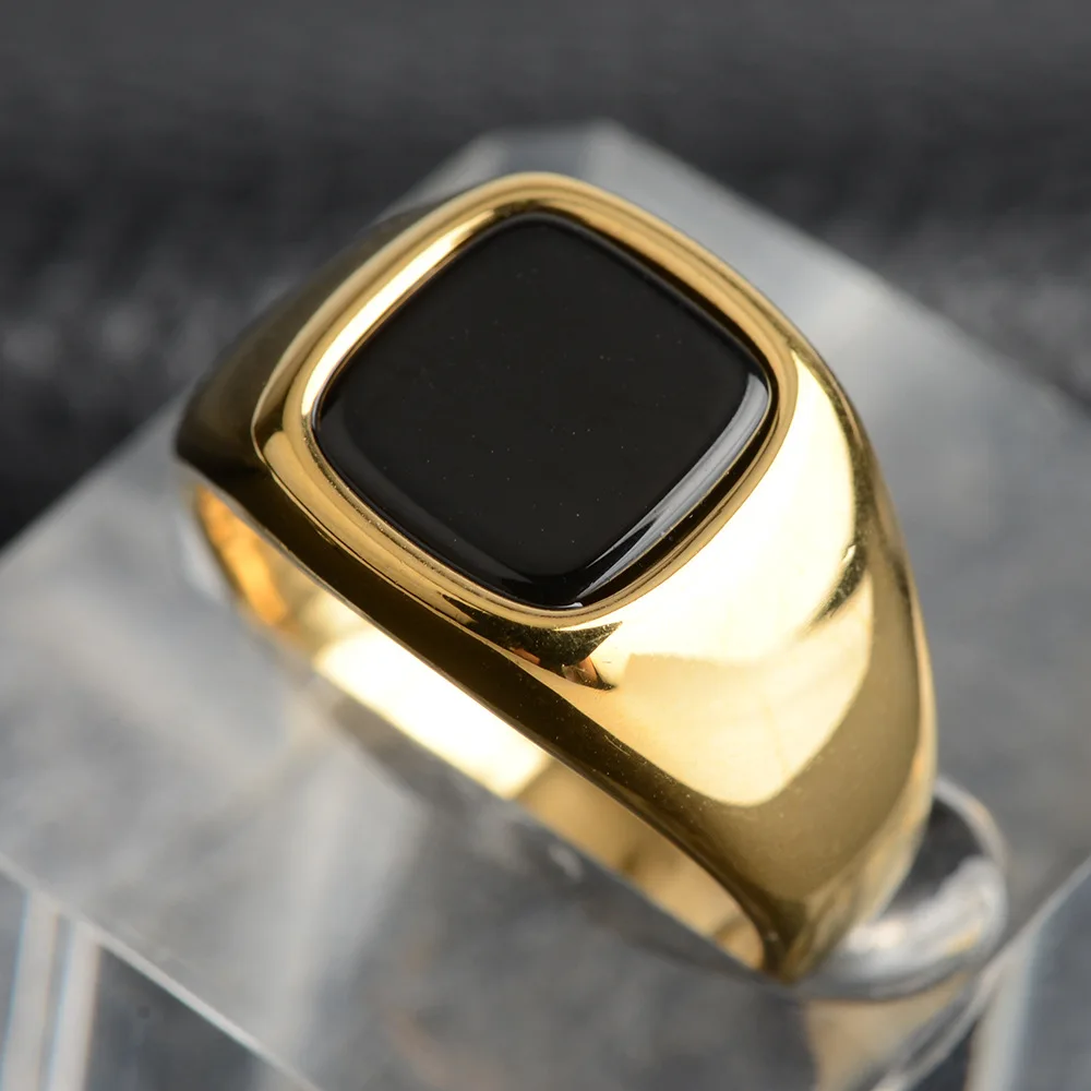 

Geometric square artificial black agate stone trendy men's stainless steel ring Simple Men's Ring Punk Trendy titanium steel
