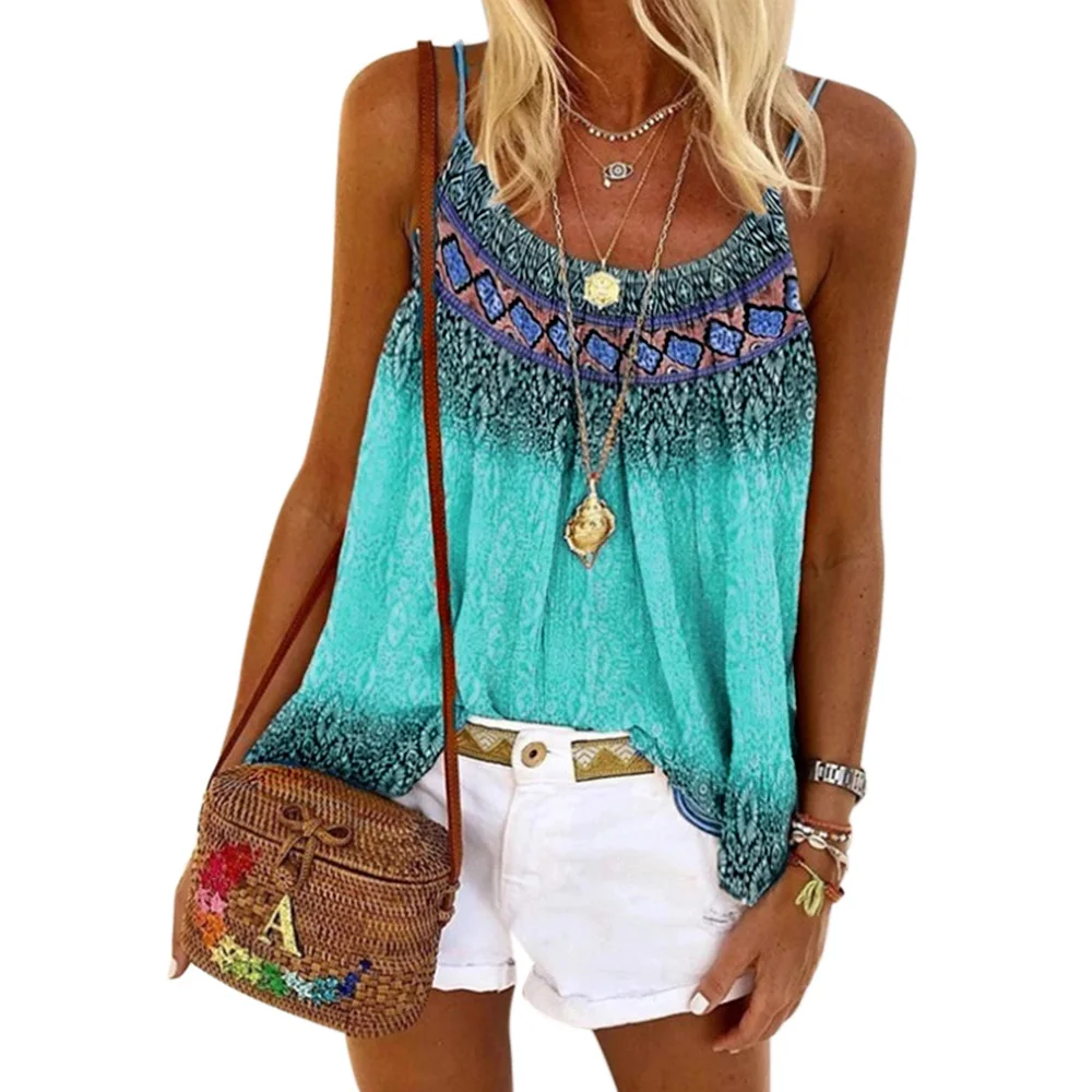 

Boho Printed Women Tank Top Harajuku Sleeveless Summer Retro Vacation Beach Female Vest Round Neck Casual Ladies Clothes D30
