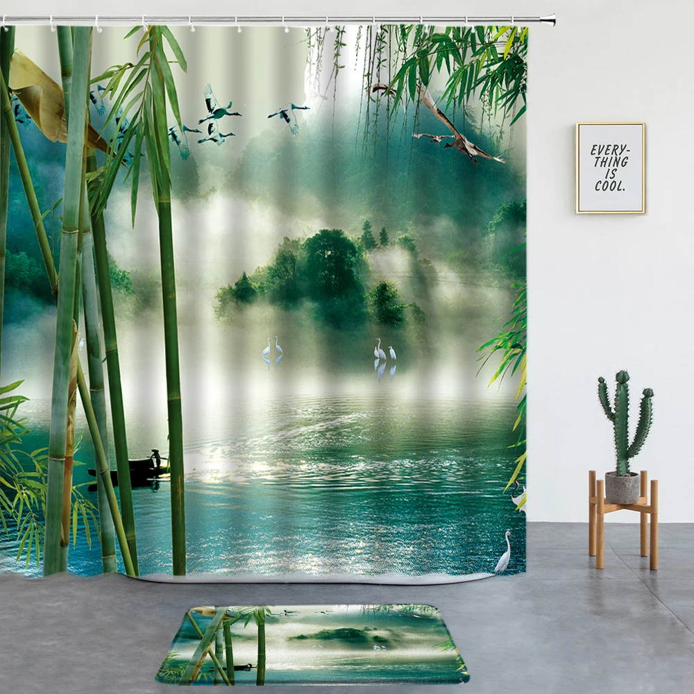 

2 pc Chinese Style Landscape Shower Curtains Set Rug Bath Mat Green Bamboo Bathroom Screen Entrance Door Mat Washable Room Decor