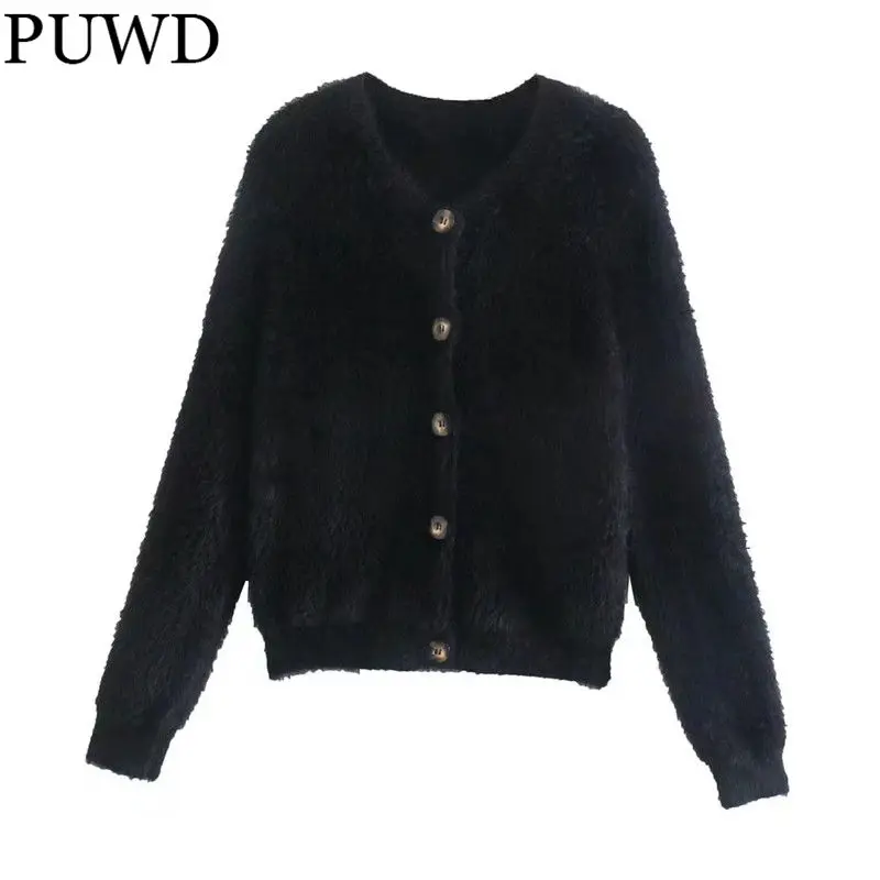 

PUWD Oversize Women V Neck Jacket 2021 Autumn Fashion Ladies High Street Vintage Coat Female Faux Fur Casual Loose Jacket Top