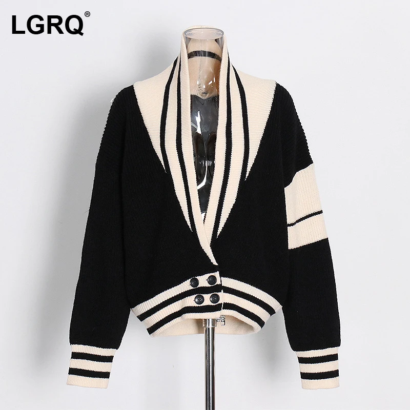 

[LGRQ] Striped Double Breasted Knitting Cardigan Sweater V-Neck Long Sleeve Women's New Fashion Tide Spring Autumn 2021 19D4588