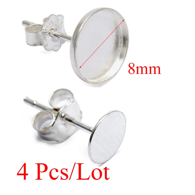 

4pcs 925 Sterling Silver Earring Settings Flat Base Base Cabochon 8mm Blank Round Stud Ear For DIY Pure Silver Earring Accessory