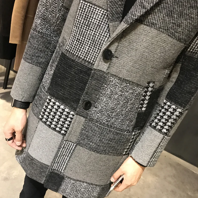 

Slim men's large woolen coat plaid windbreaker coat Big Code new man's medium length coat with a heavy coat fashion hot 2018