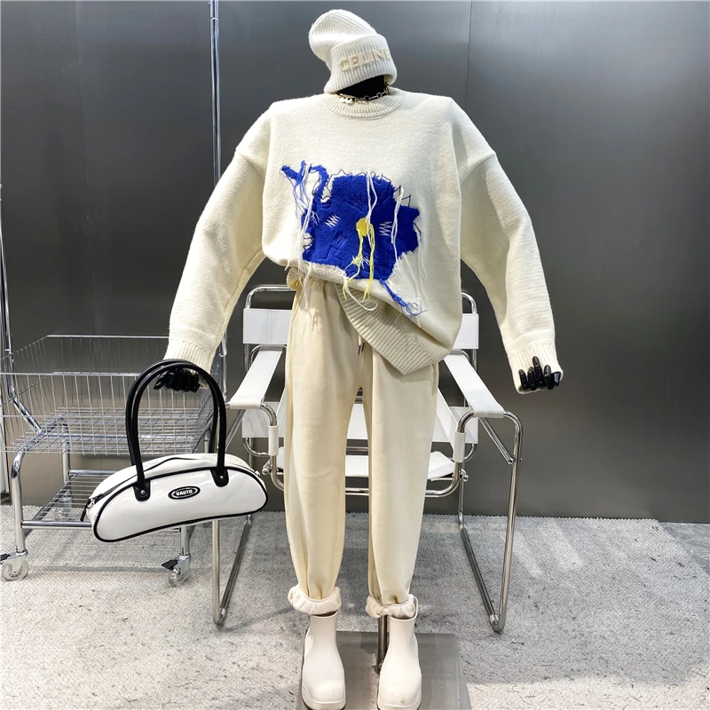 

New 2021 Hand Hook Tassel Ostrich Embroidery Sweater Foreign Style Loose Casual Round Neck Long Sleeve Pullover Sweater