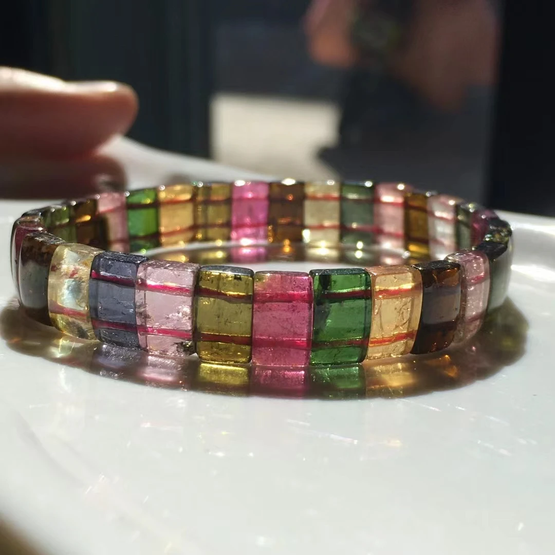 

Natural Rainbow Tourmaline Quartz Clear Rectangle Beads Bracelet Bangle 9.2x3.5mm Colorful Tourmaline Stretch Bangle AAAAAAA