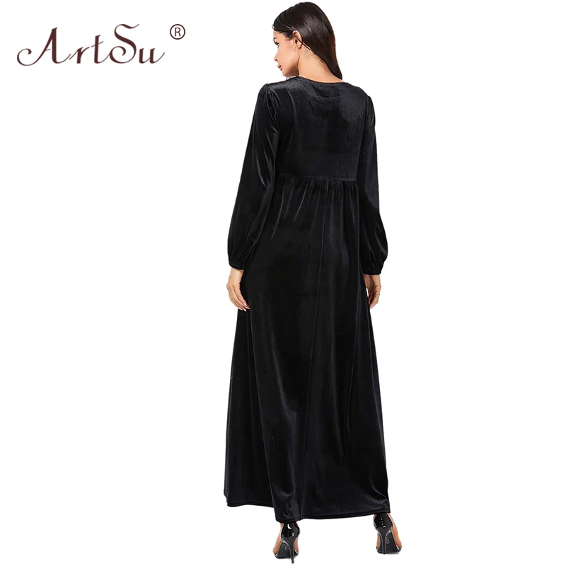 

ArtSu Swing Casual Loose Black Maxi Winter Dress 2019 Plus Size Women O-Neck Long Sleeve Floral Embroidery Velvet Dresses Autumn