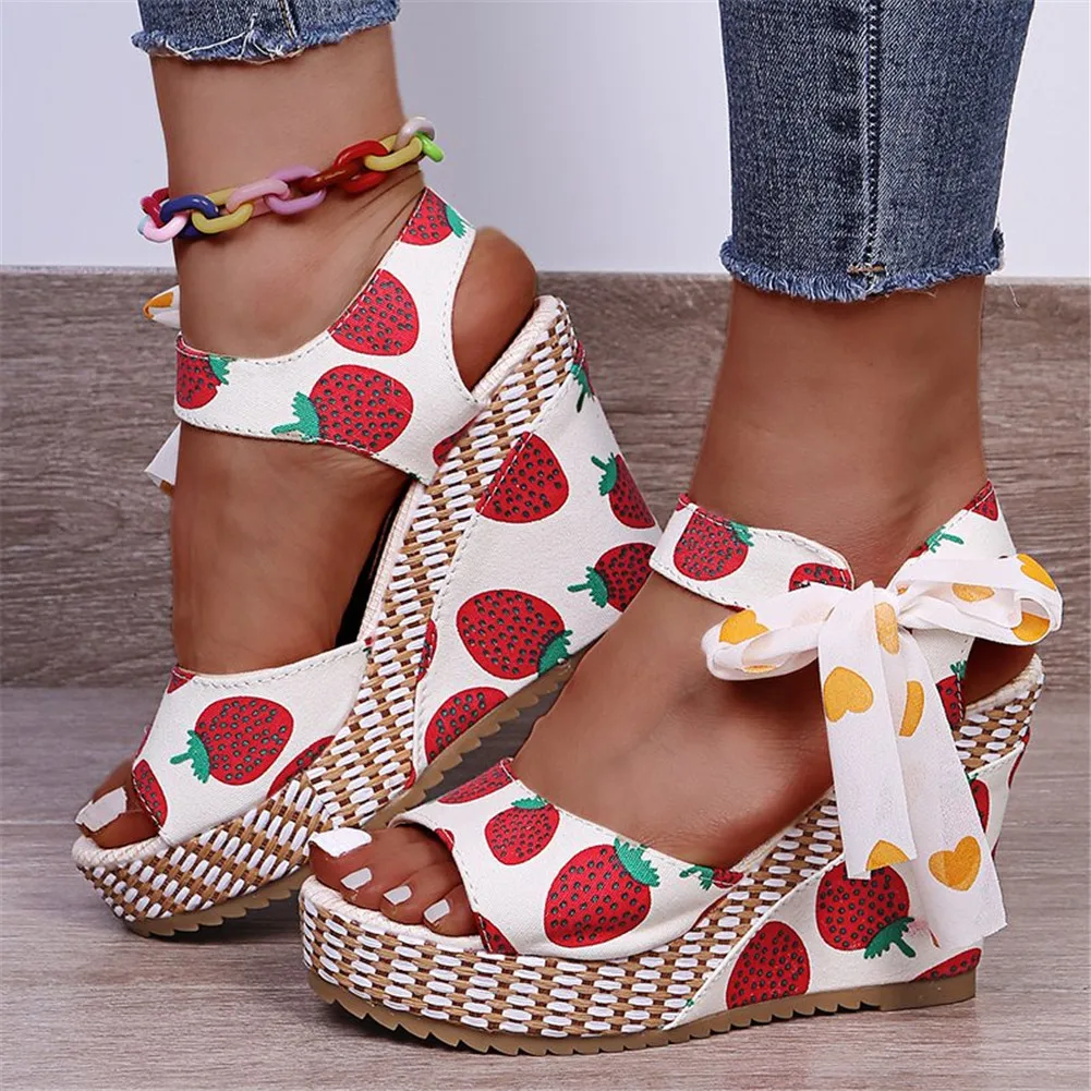 

2021 new Comfy Wedges Floral Super High Heel Flower with Butterfly-knot Summer Polka Dot Fruit Sweet Elegant Woman Shoes Sandals